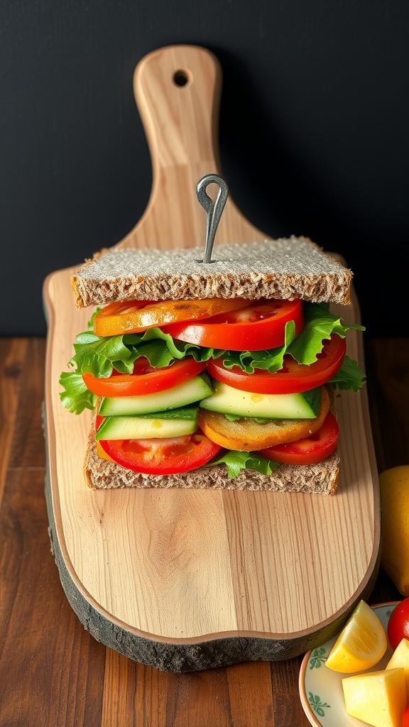 A colorful 2D art sandwich with lettuce, tomato, bell peppers, and avocado on whole grain bread, served with fresh fruit.